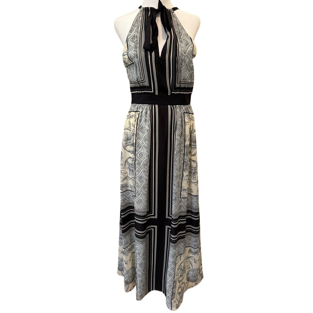 Vince Camuto Black Cream Baroque Geometric‎ Halter Maxi Dress Sz 4